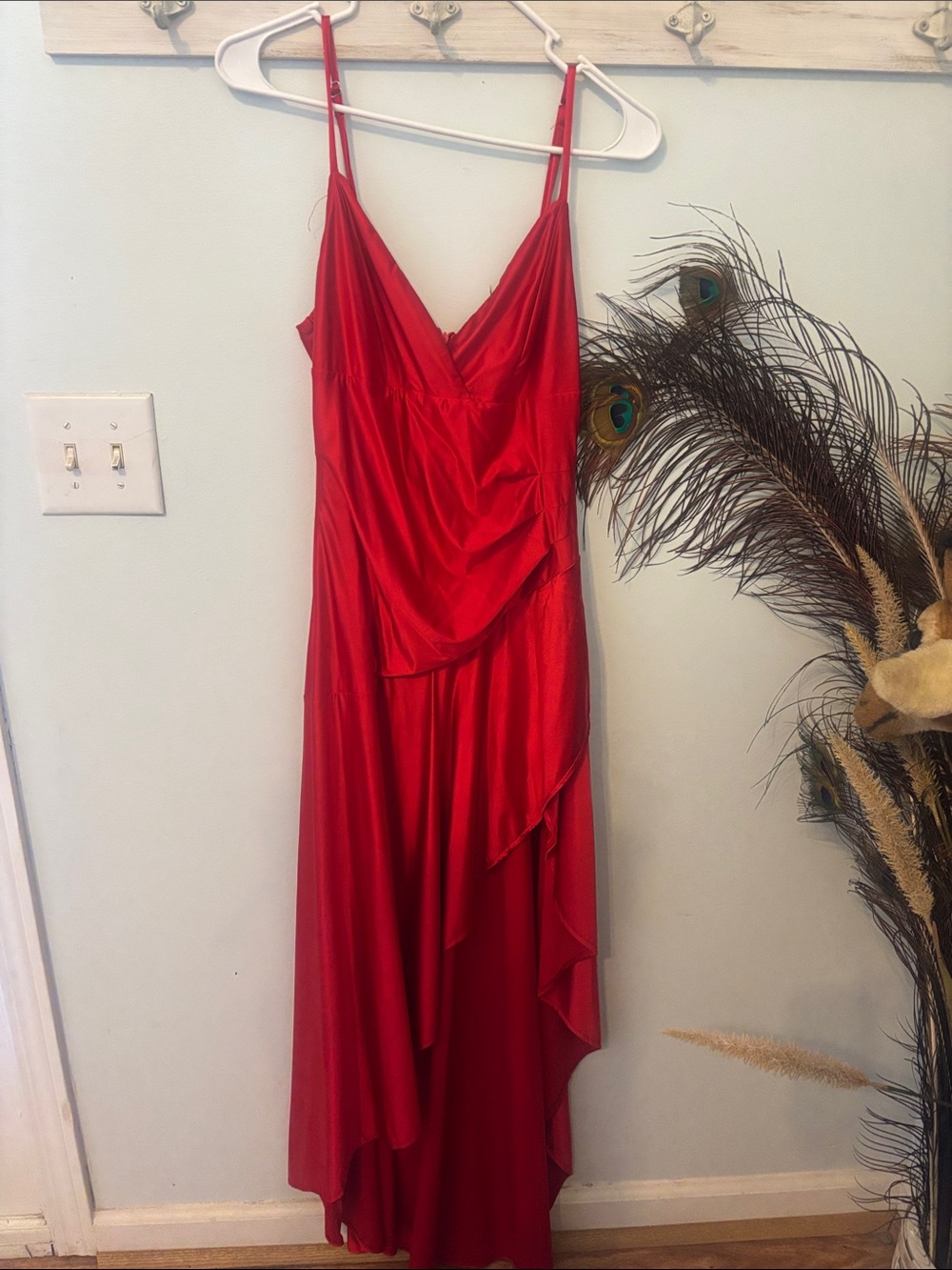 Red Satin Asymmetrical Slip Dress - Women's